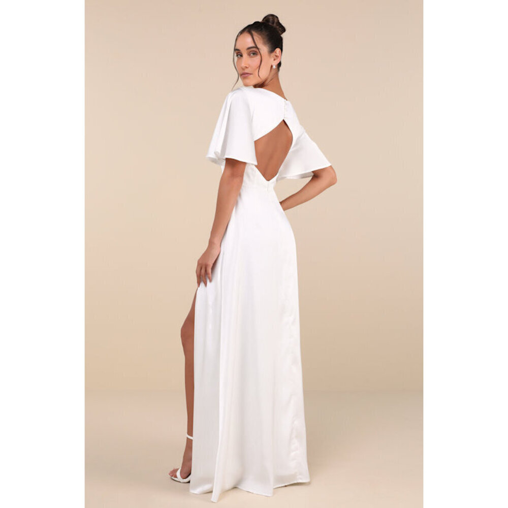 Lulus Elegant Confidence White Satin Flutter Sleeve Cutout Maxi Dress - Size S
